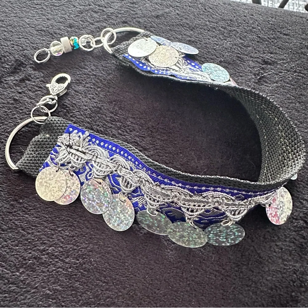 Festival Choker Necklace Handmade Navy + Silver Iridescent Sequin Coins Signed - Picture 5 of 15